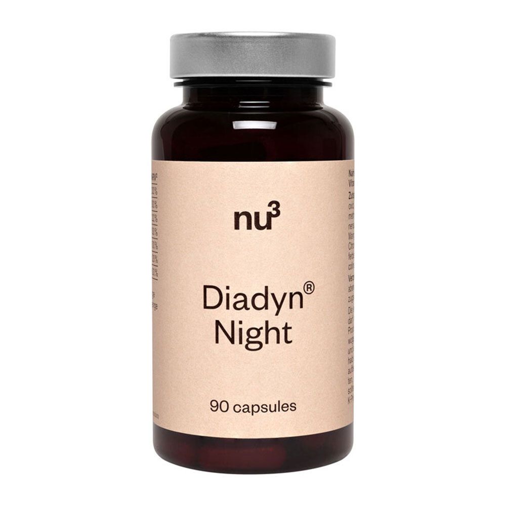 Flacon marron avec bouchon noir. Inscription: nu3 Diadyn Night, 90 gélules.