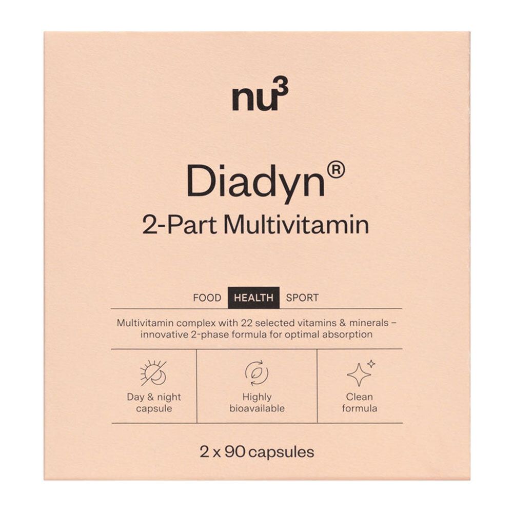 Boîte beige. Inscription: nu3 Diadyn 2-Part Multivitamin. Contient 2 x 90 gélules.
