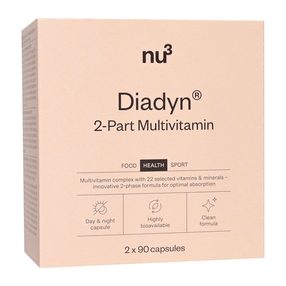 Boîte beige. Inscription: nu3 Diadyn 2-Part Multivitamin. Contient 2 x 90 gélules.