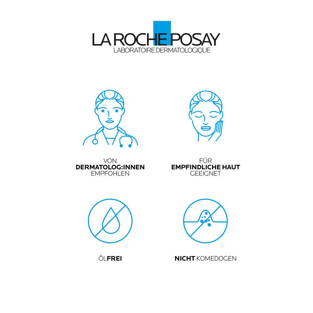 La Roche-Posay Logo. Text: Von Dermatolog:innen empfohlen. Für empfindliche Haut geeignet. Ölfrei. Nicht komedogen.