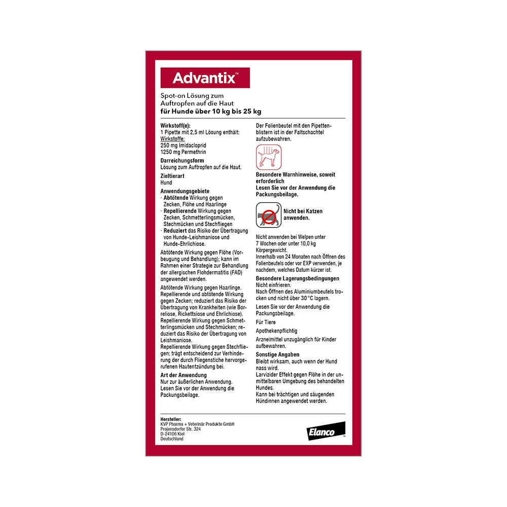 Produktinformationen auf weißem Hintergrund. Advantix für Hunde 10-25 kg. Wirkstoffe, Anwendung, Warnhinweise, Dosierung.