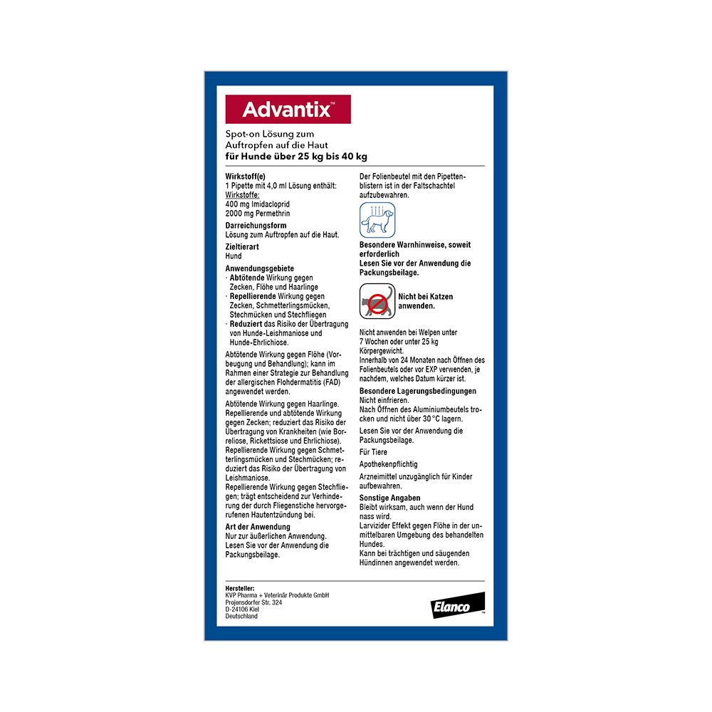 Rückseite der Produktverpackung. Text: Advantix, Spot-on Lösung, für Hunde über 25 kg bis 40 kg. Enthält Informationen und Warnhinweise.