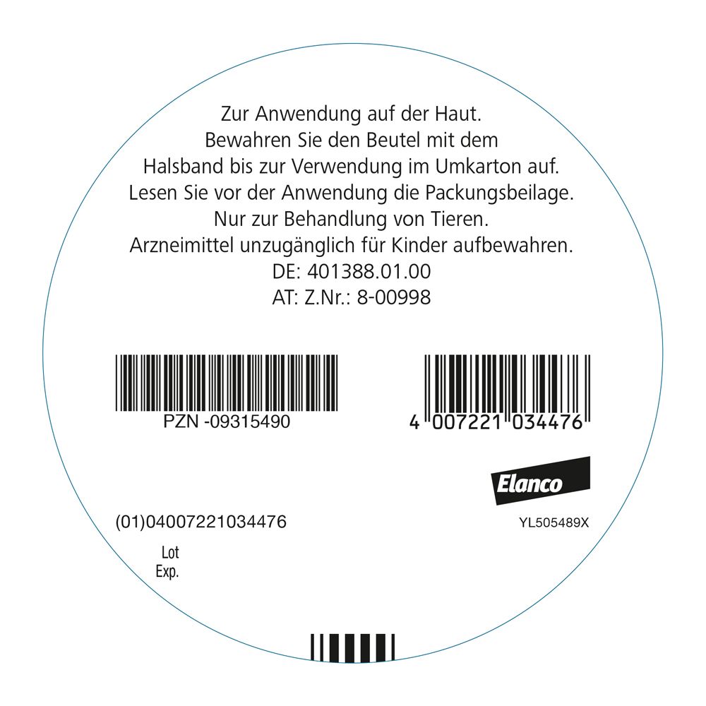 Runde Verpackung mit Barcodes und Text. Elanco Logo. Text: Zur Anwendung auf der Haut, Arzneimittel unzugänglich für Kinder aufbewahren.