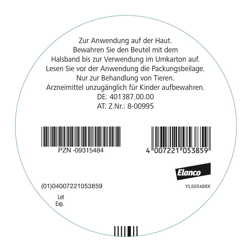 Runde Verpackung mit Text. Barcodes und Elanco Logo. Text: Zur Anwendung auf der Haut. Für Kinder unzugänglich aufbewahren.