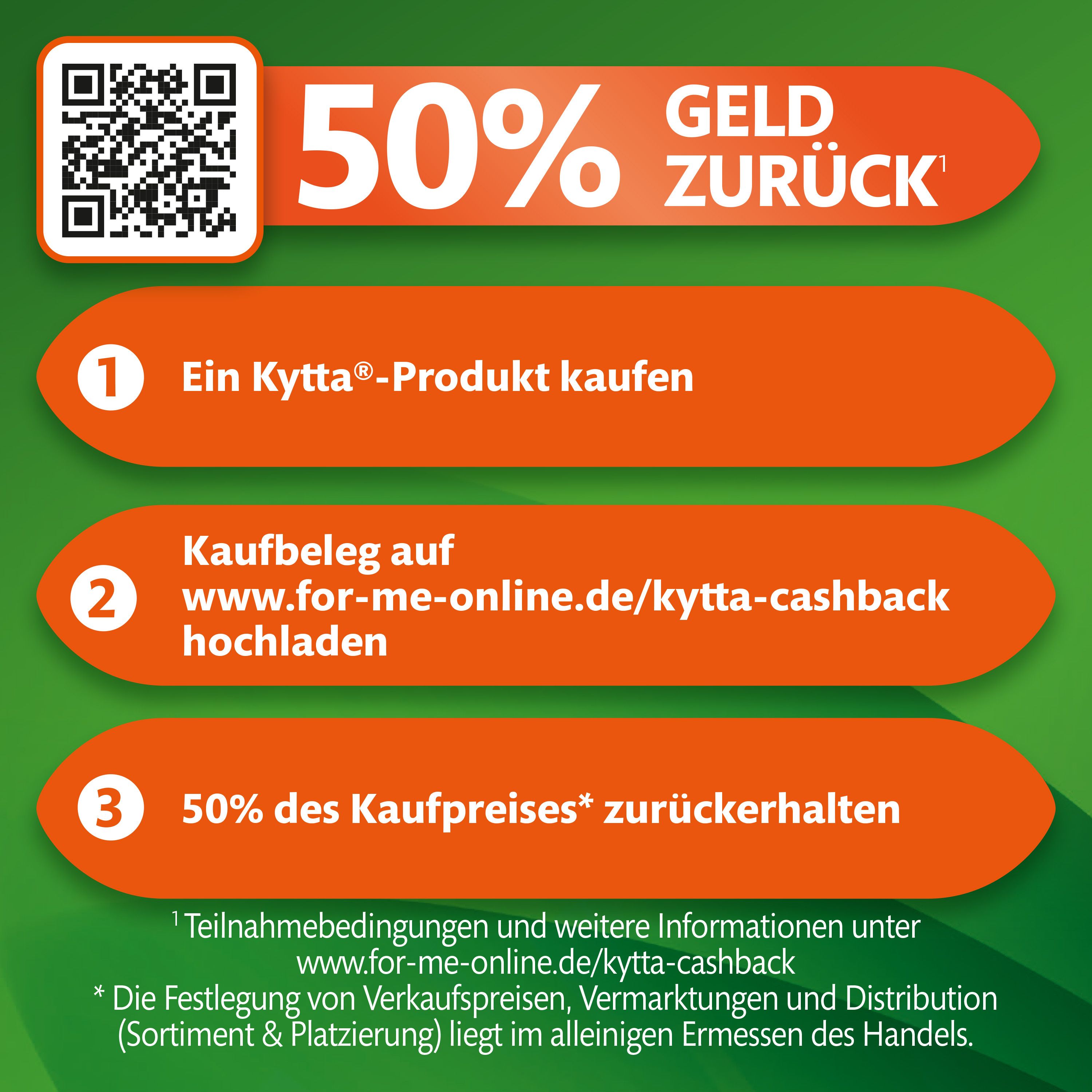 Infografik mit QR-Code und Text: 50% Geld zurück. Schritte: Produkt kaufen, Beleg hochladen, 50% des Kaufpreises zurück.
