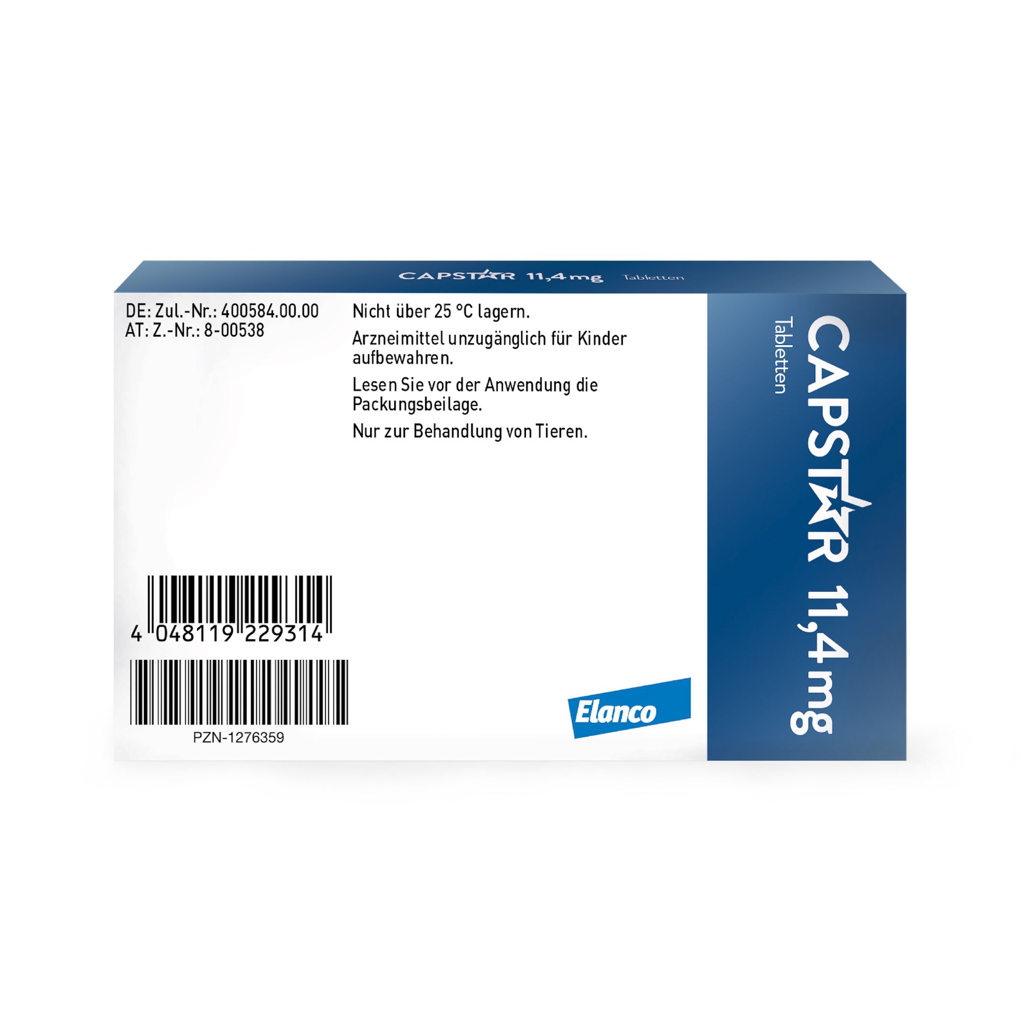 Rückseite einer Produktverpackung. Aufschrift: Capstar 11,4 mg. Enthält Informationen wie Zulassungsnummern, Lagerhinweise und Hersteller.