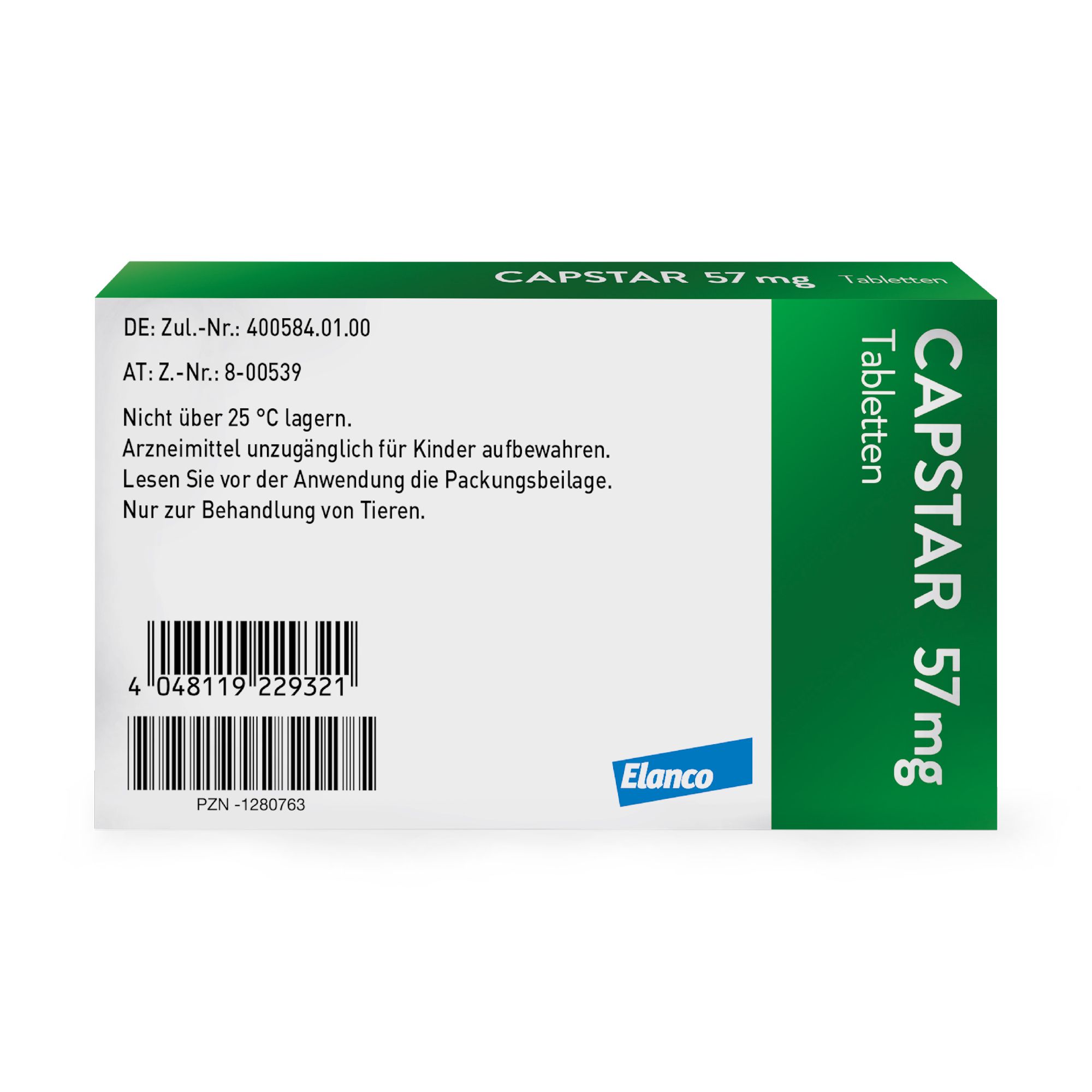 Rückseite einer grünen CAPSTAR 57mg Tabletten-Schachtel. Text: Zul.-Nr., Lagerhinweis, PZN-Nummer.