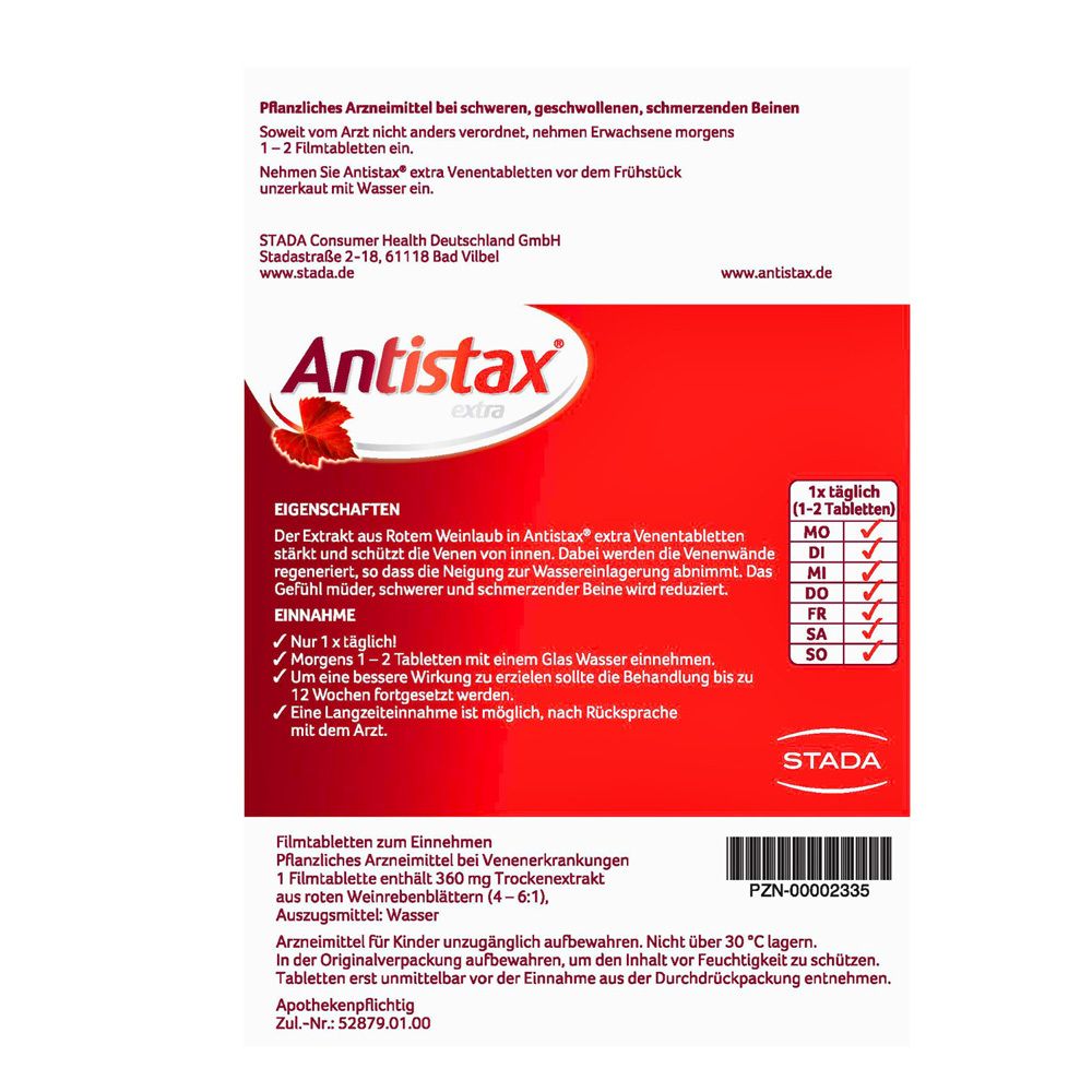 Rückseite der Antistax® extra Venentabletten-Packung. Produktinformationen und Inhaltsstoffe.