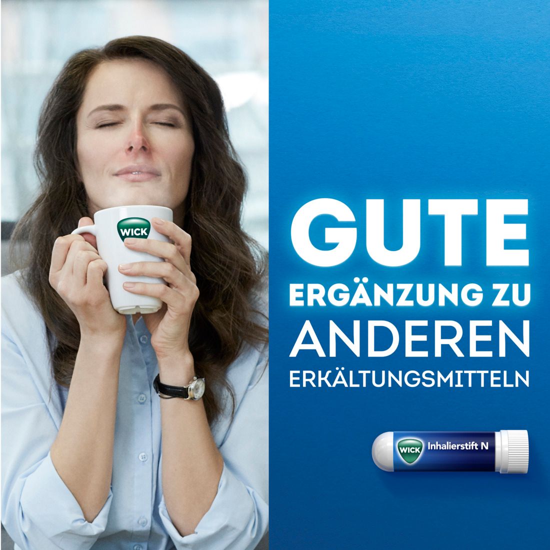 Frau trinkt Tee, daneben WICK Inhalierstift N. Text: Gute Ergänzung zu anderen Erkältungsmitteln.