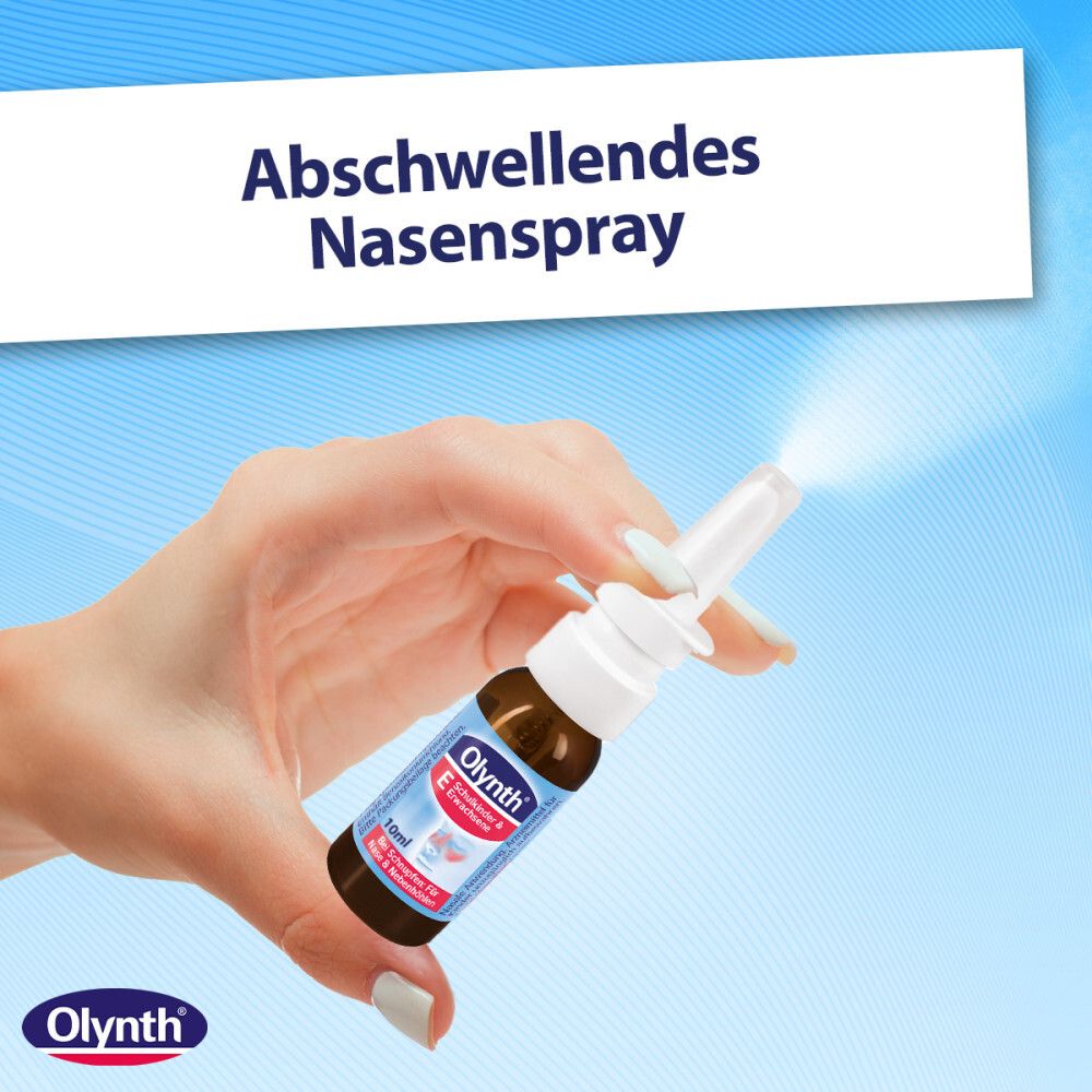 Eine Hand hält eine Olynth 0,1% Sprühflasche. Aufschrift: Olynth. Über dem Produkt steht: Abschwellendes Nasenspray.
