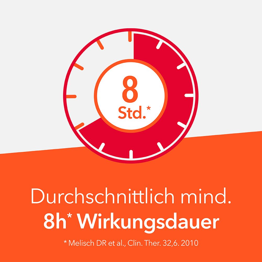 Uhr-Icon mit 8 Std. Text: Durchschnittlich mind. 8h Wirkungsdauer. Hintergrund orange.