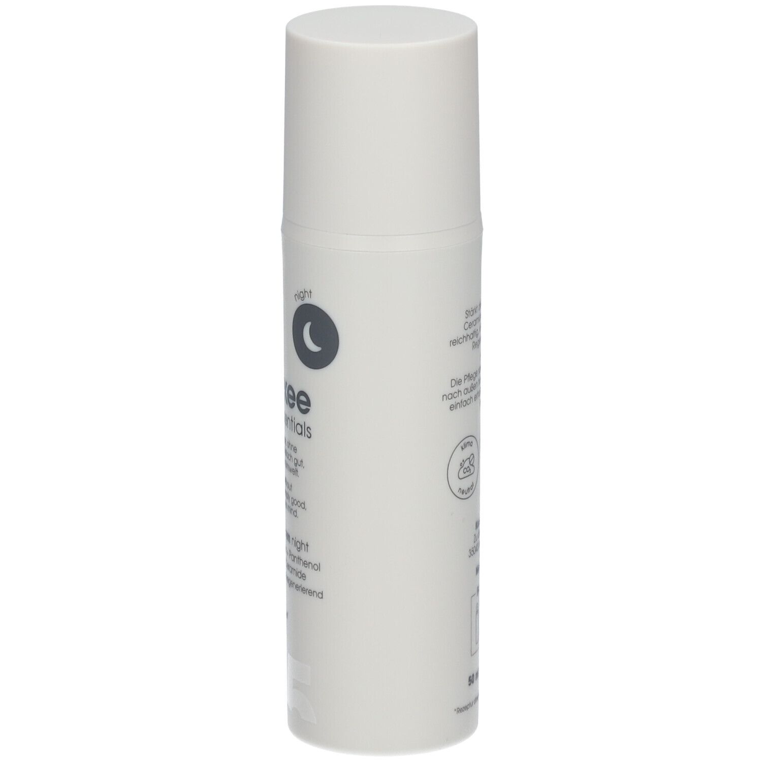 Weiße Flasche mit Deckel. Aufschrift: newkee care essentials, 05 face cream night. Nacht-Symbol.