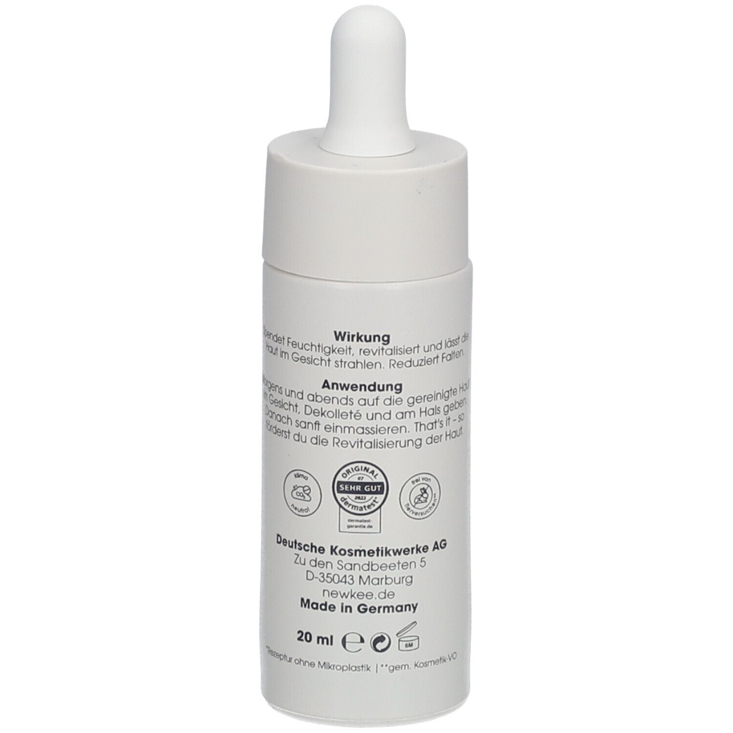 Graue Flasche mit weißem Deckel und Pipette. Aufschrift: newkee care essentials, 06 face serum. Rückseite mit Text und Logo.