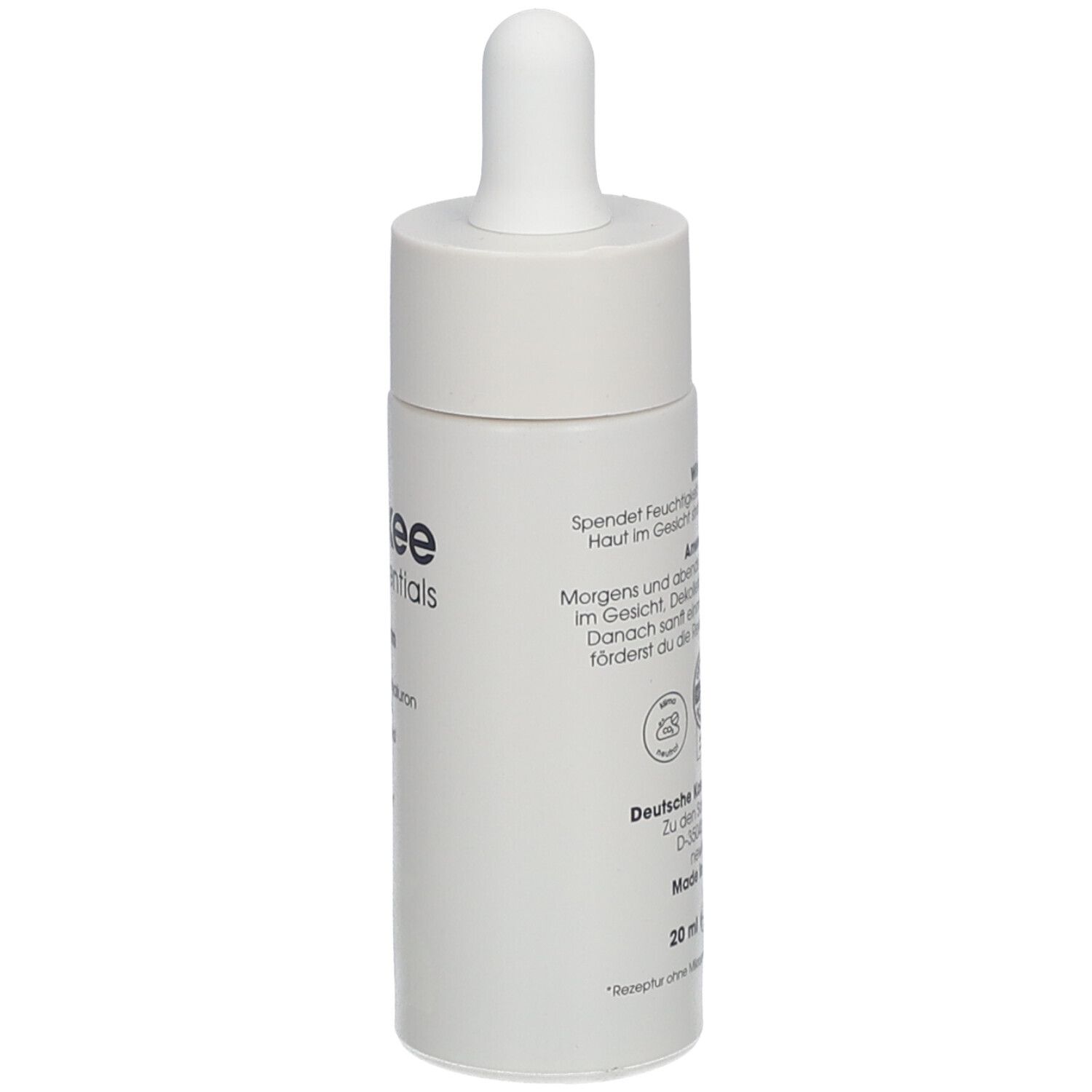 Graue Flasche mit weißem Deckel und Pipette. Aufschrift: newkee care essentials, 06 face serum. Rückseite mit Text.