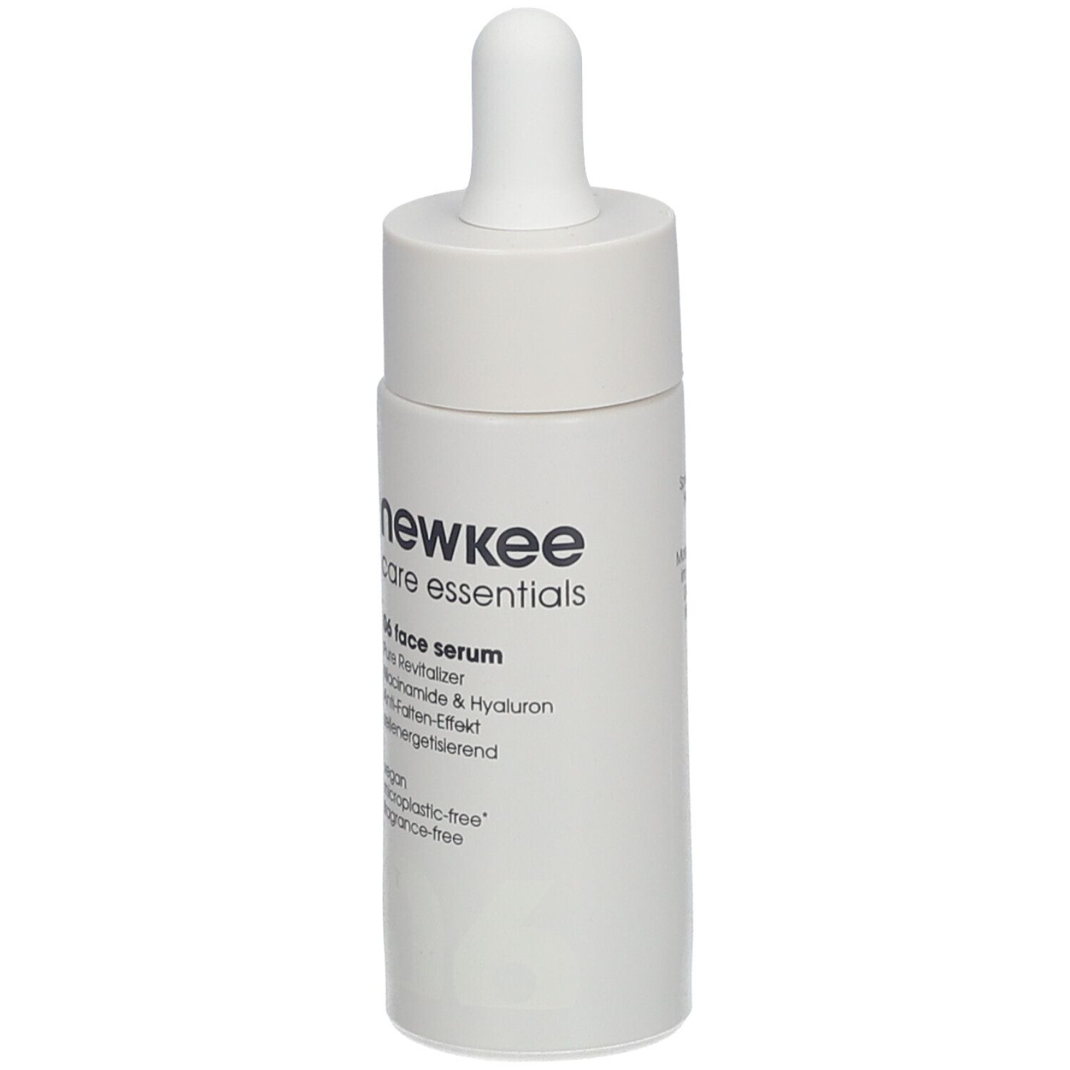 Graue Flasche mit weißem Deckel und Pipette. Aufschrift: newkee care essentials, 06 face serum.