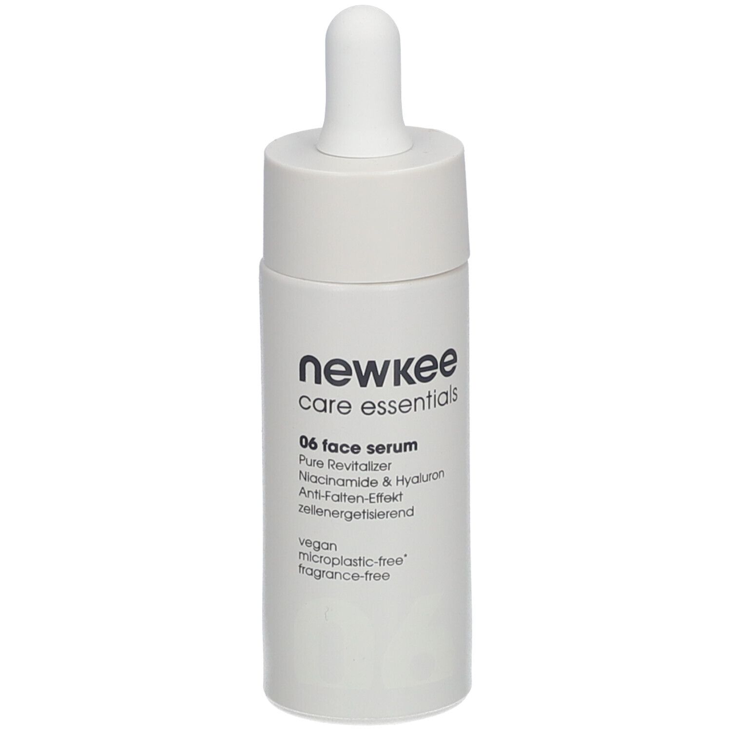 Graue Flasche mit weißem Deckel und Pipette. Aufschrift: newkee care essentials, 06 face serum.