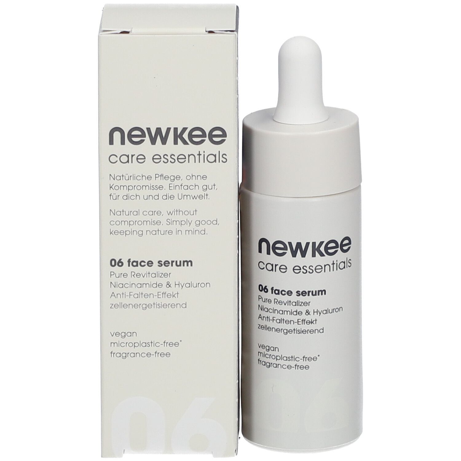 Produktflasche und Verpackung. Aufschrift: newkee care essentials, 06 face serum. Verpackung mit Text.