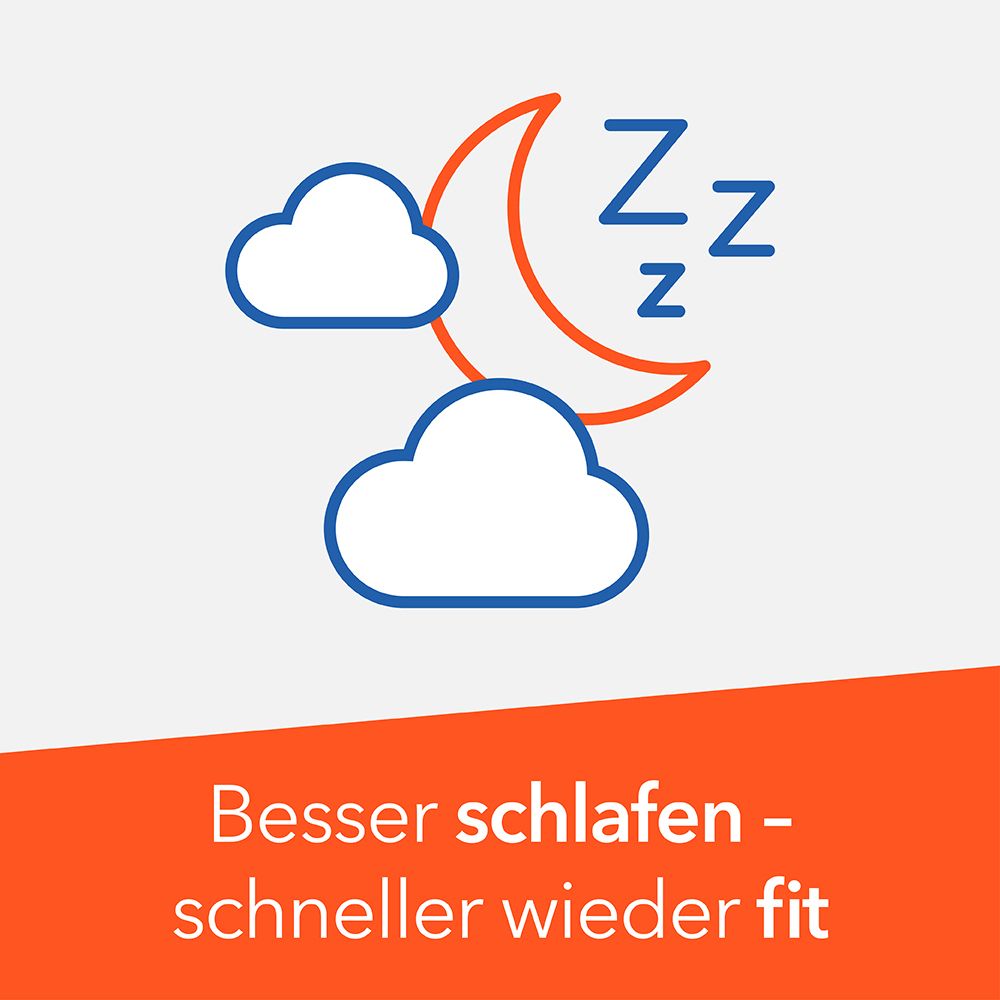 Grafik von Mond, Wolken und Schlaf-Symbolen. Text: Besser schlafen – schneller wieder fit.