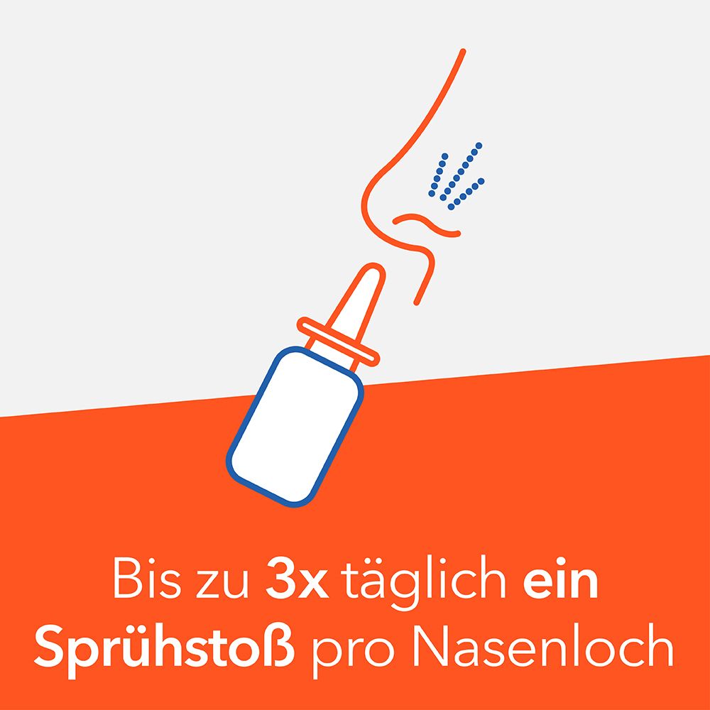 Grafik einer Nase und eines Nasensprays. Text: Bis zu 3x täglich ein Sprühstoß pro Nasenloch.