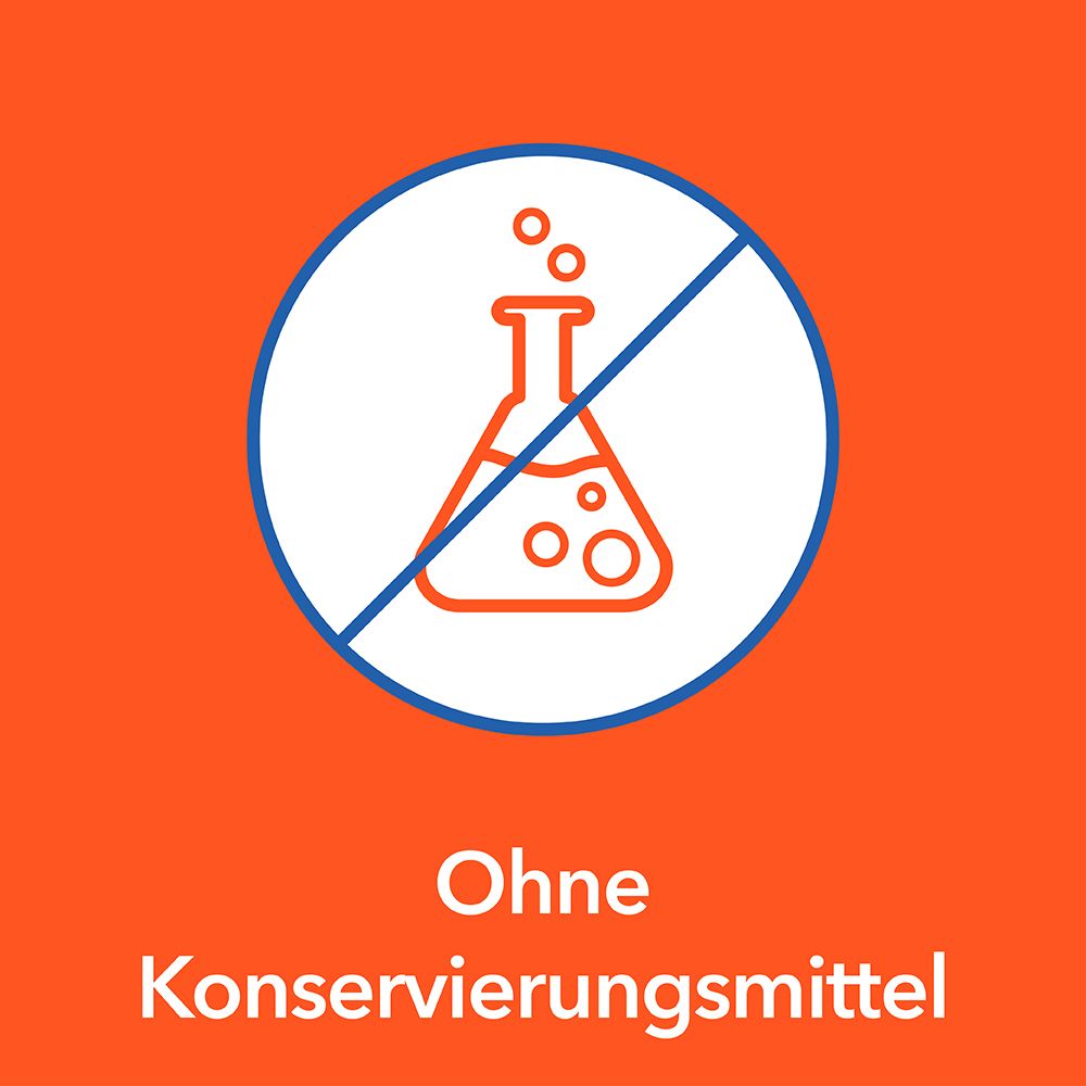 Kreis mit durchgestrichenem Erlenmeyerkolben. Text: Ohne Konservierungsmittel.