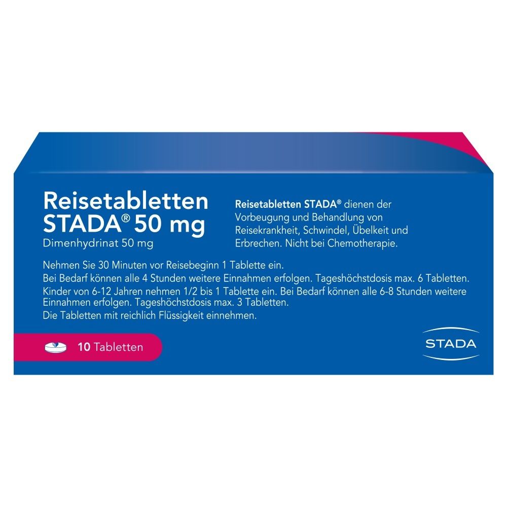Rückseite einer Packung Reisetabletten STADA® 50 mg, 10 Tabletten.