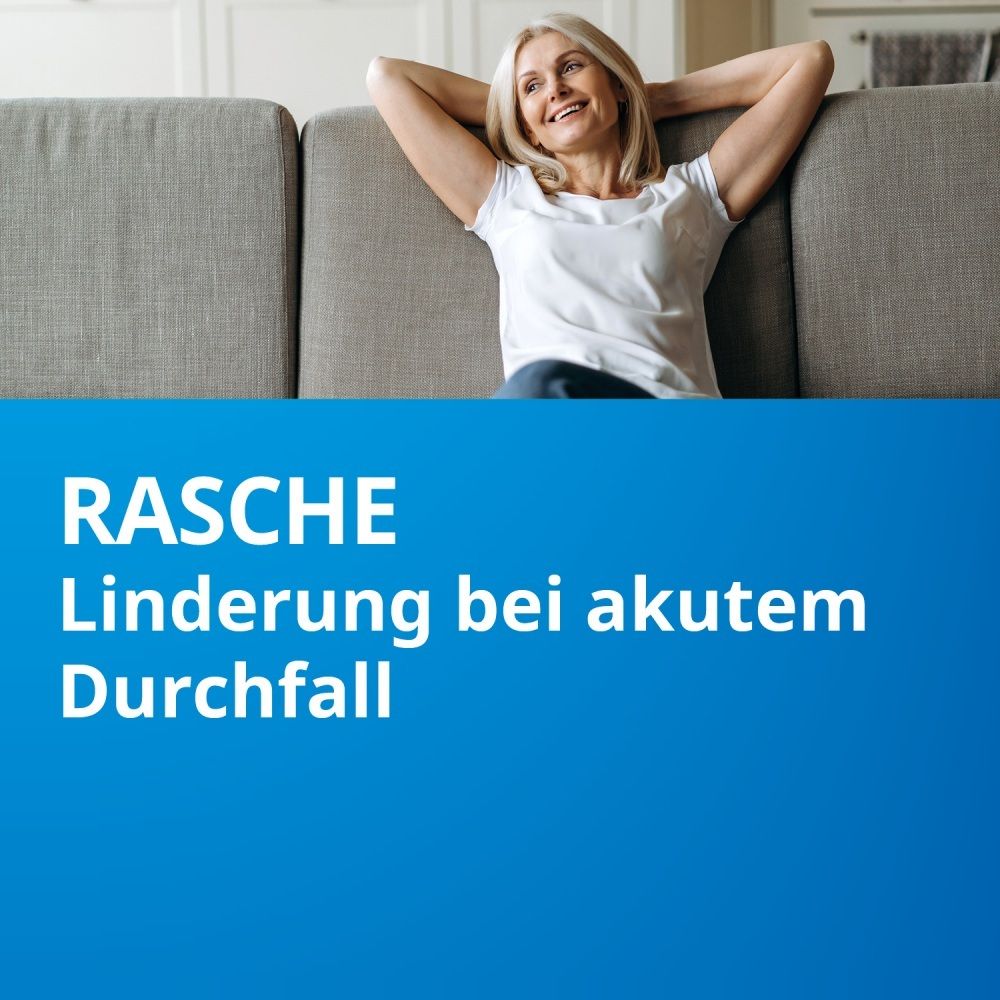 Frau entspannt auf einem Sofa, Text: RASCHE Linderung bei akutem Durchfall.
