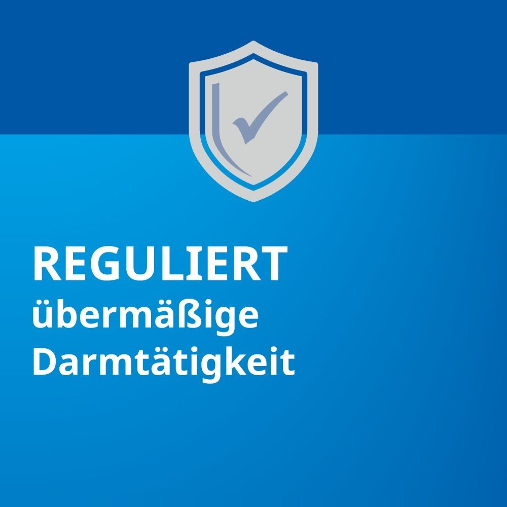 Symbol eines Schildes mit Hakenkreuz, Text: REGULIERT übermäßige Darmtätigkeit.
