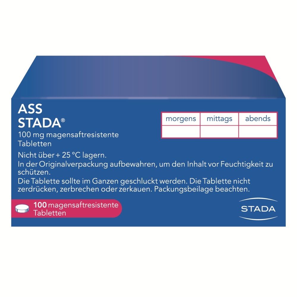 Schachtel ASS STADA 100 mg magensaftresistente Tabletten, Acetylsalicylsäure, 100 Stück.