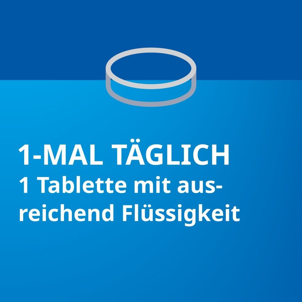 Grafik einer Tablette, Text: 1-mal täglich 1 Tablette mit ausreichend Flüssigkeit.