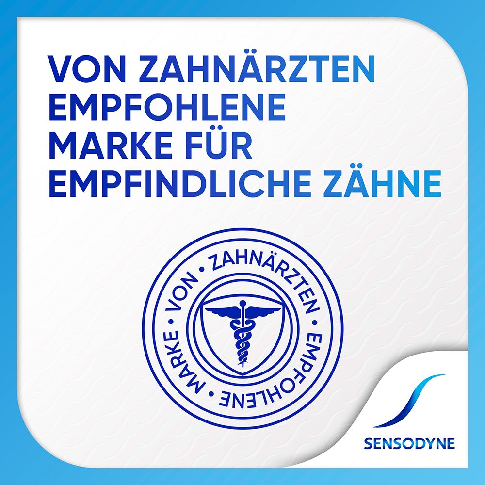 Blaues Quadrat mit Text: Von Zahnärzten empfohlene Marke für empfindliche Zähne. Logo.