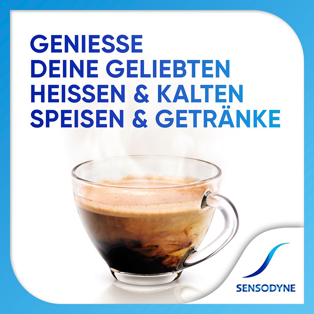 Kaffeetasse. Text: Genieße deine geliebten heißen & kalten Speisen & Getränke. Sensodyne Logo.