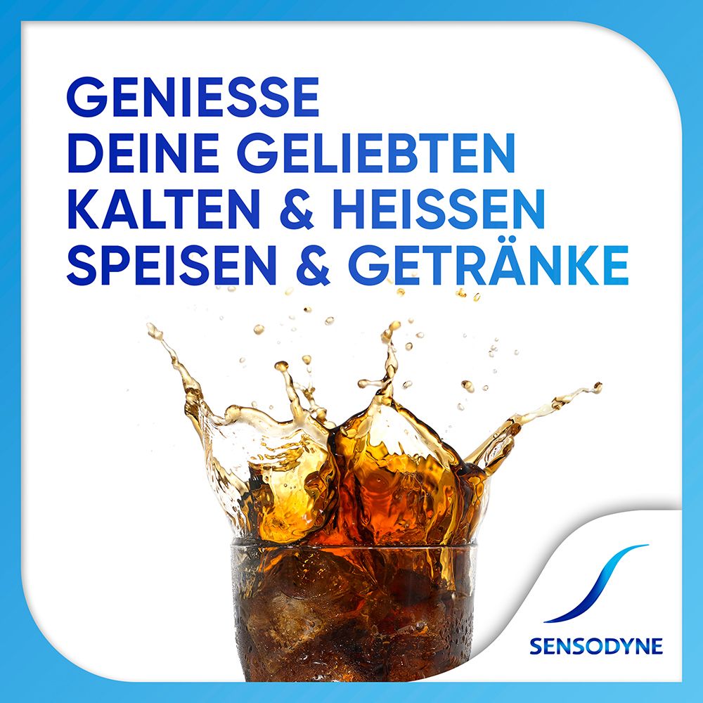 Getränk mit Eiswürfeln. Text: Genieße deine geliebten kalten & heißen Speisen & Getränke. Logo.