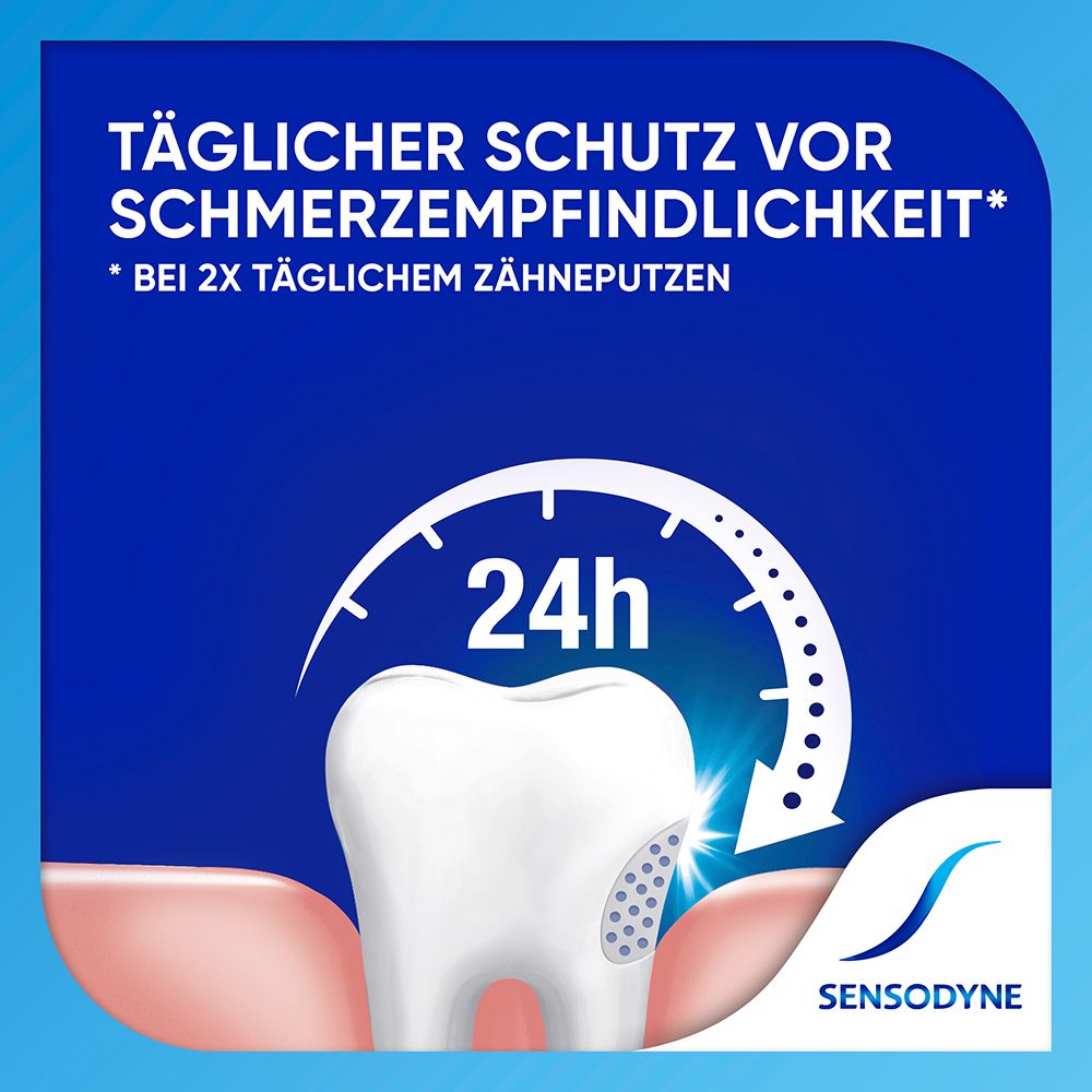 Zahn mit 24h-Schutz-Symbol. Text: Täglicher Schutz vor Schmerzempfindlichkeit. Sensodyne Logo.