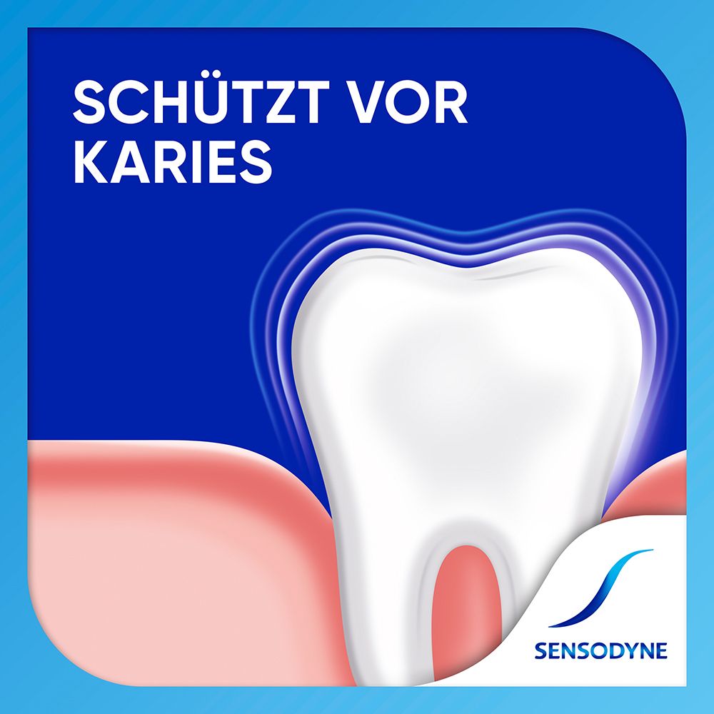 Zahn mit Schutzschild. Text: Schützt vor Karies. Sensodyne Logo.