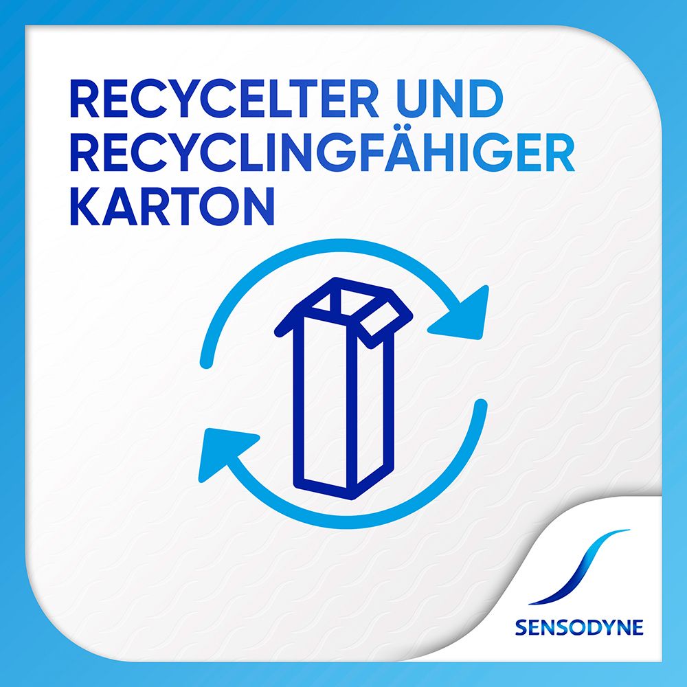 Blaues Quadrat mit Text: Recycelter und recyclingfähiger Karton. Pfeile und Karton-Symbol.