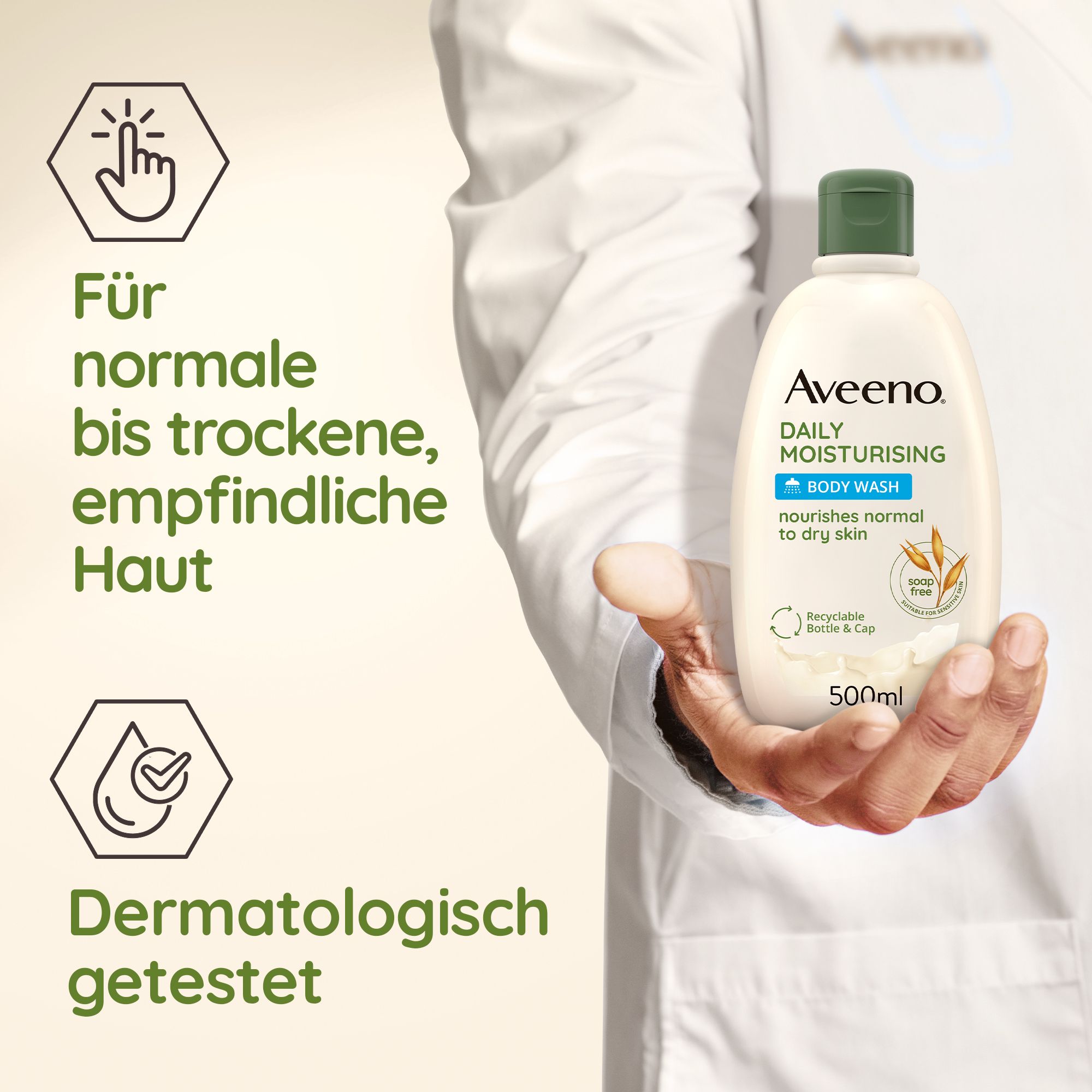 Flasche und Hand. Text: Für normale bis trockene, empfindliche Haut. Dermatologisch getestet.