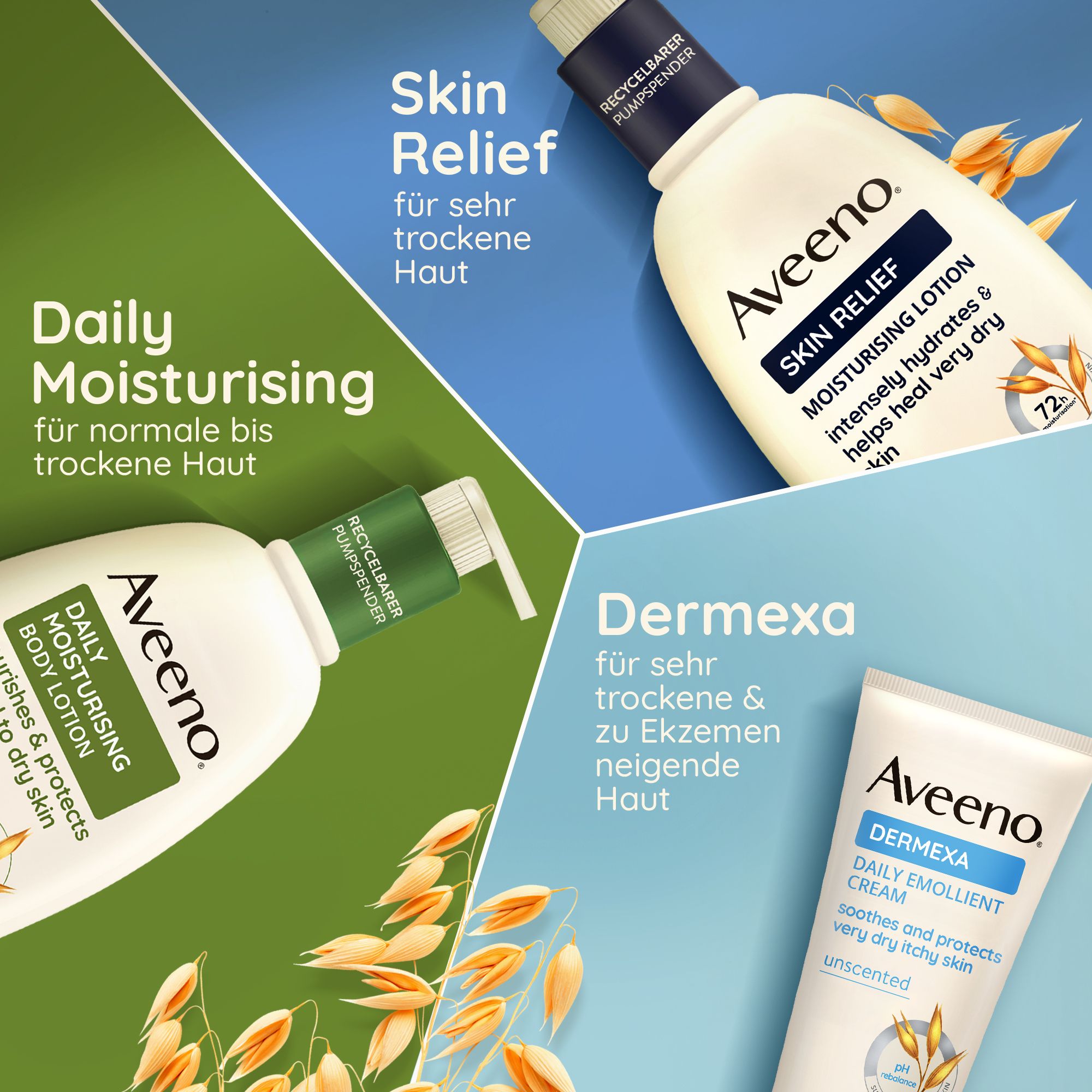 Drei Produkte: Daily Moisturising, Skin Relief, Dermexa. Flaschen und Tube. Text auf den Produkten.