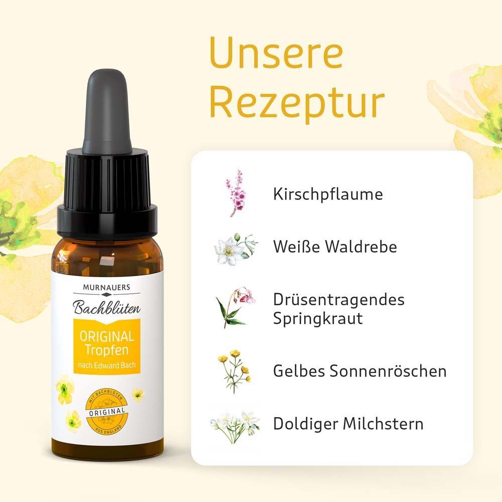 Braune Glasflasche mit Tropfer. Text: Original Tropfen. Aufzählung von Blüten. Murnauers Bachblüten.