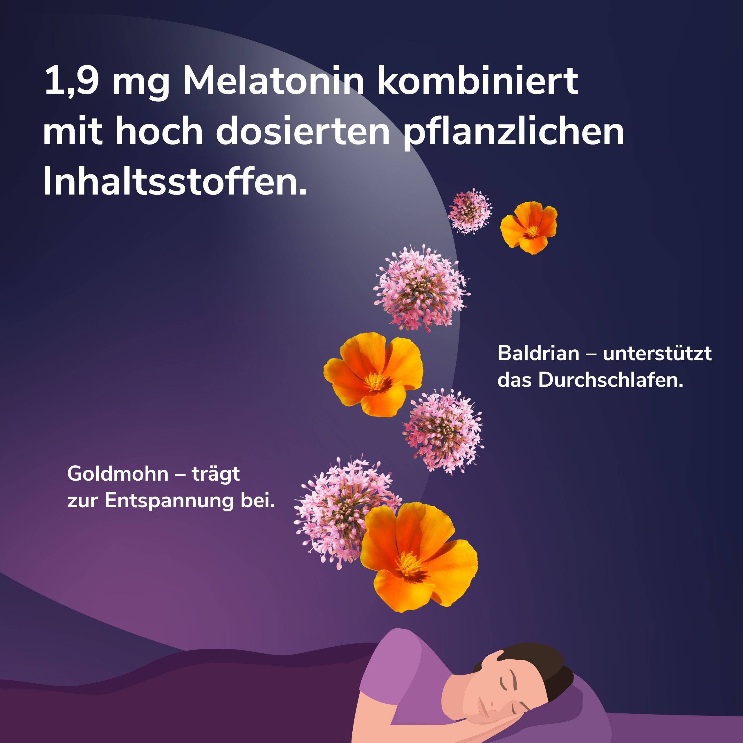 Blumen und Person schlafen. Text: 1,9 mg Melatonin kombiniert mit hoch dosierten pflanzlichen Inhaltsstoffen.