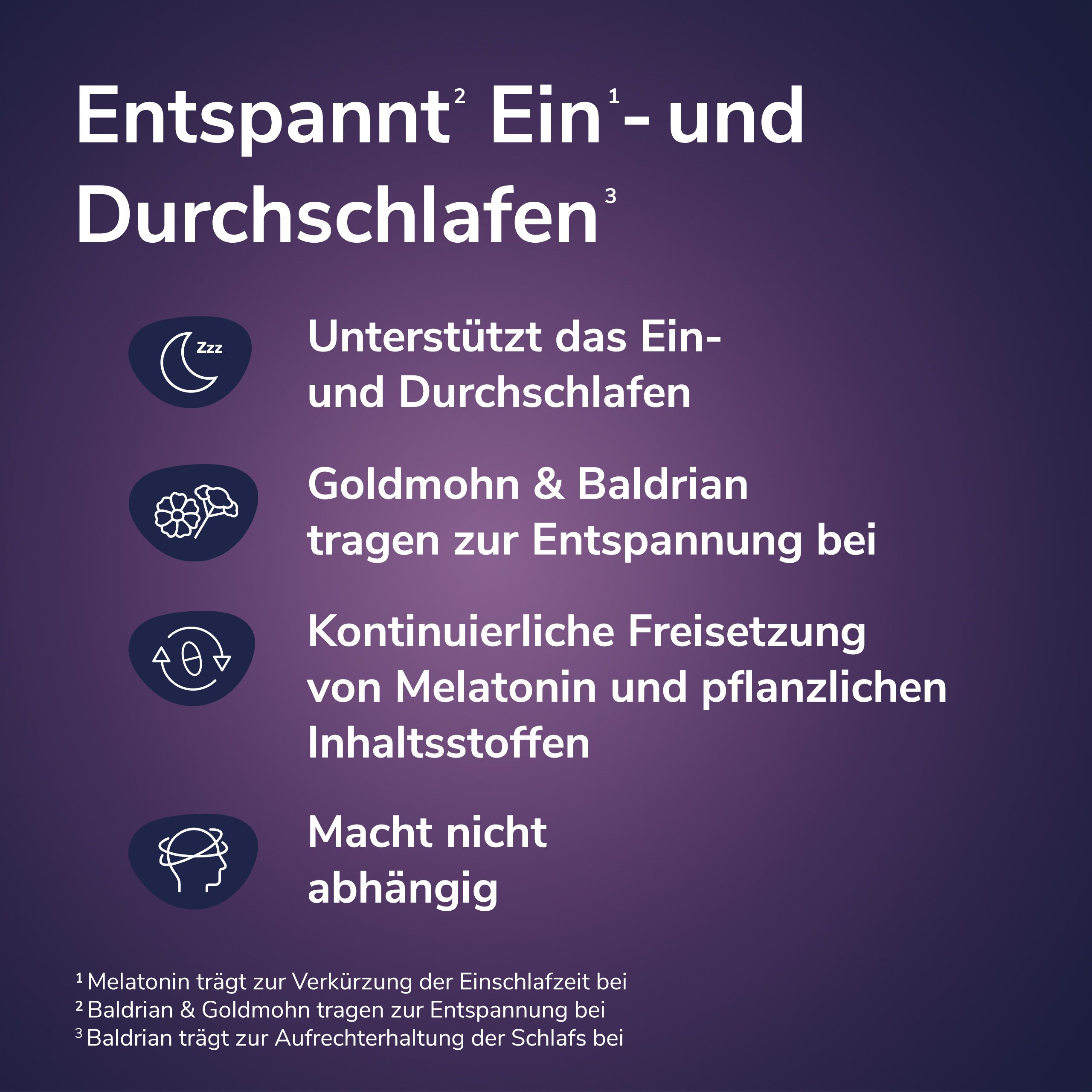 Text: Entspannt Ein- und Durchschlafen. Unterstüzt das Ein- und Durchschlafen. Macht nicht abhängig.
