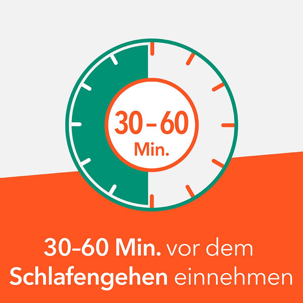 Uhr mit grüner und weißer Anzeige. Text: 30-60 Min. vor dem Schlafengehen einnehmen. Orangefarbener Hintergrund.