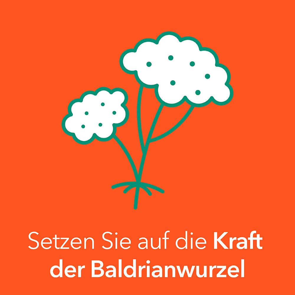 Zwei Pflanzen mit Blüten. Text: Setzen Sie auf die Kraft der Baldrianwurzel. Orangefarbener Hintergrund.