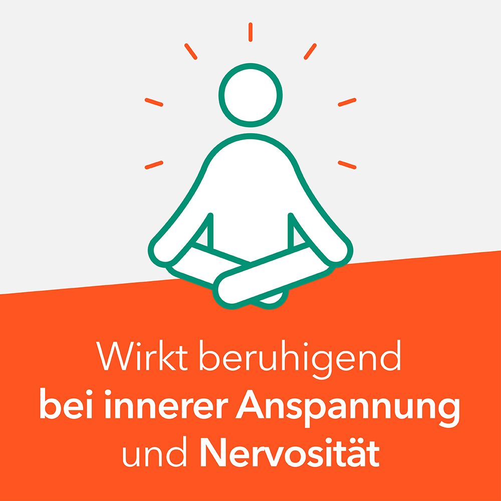 Symbol einer Person in Lotusposition. Text: Wirkt beruhigend bei innerer Anspannung und Nervosität.