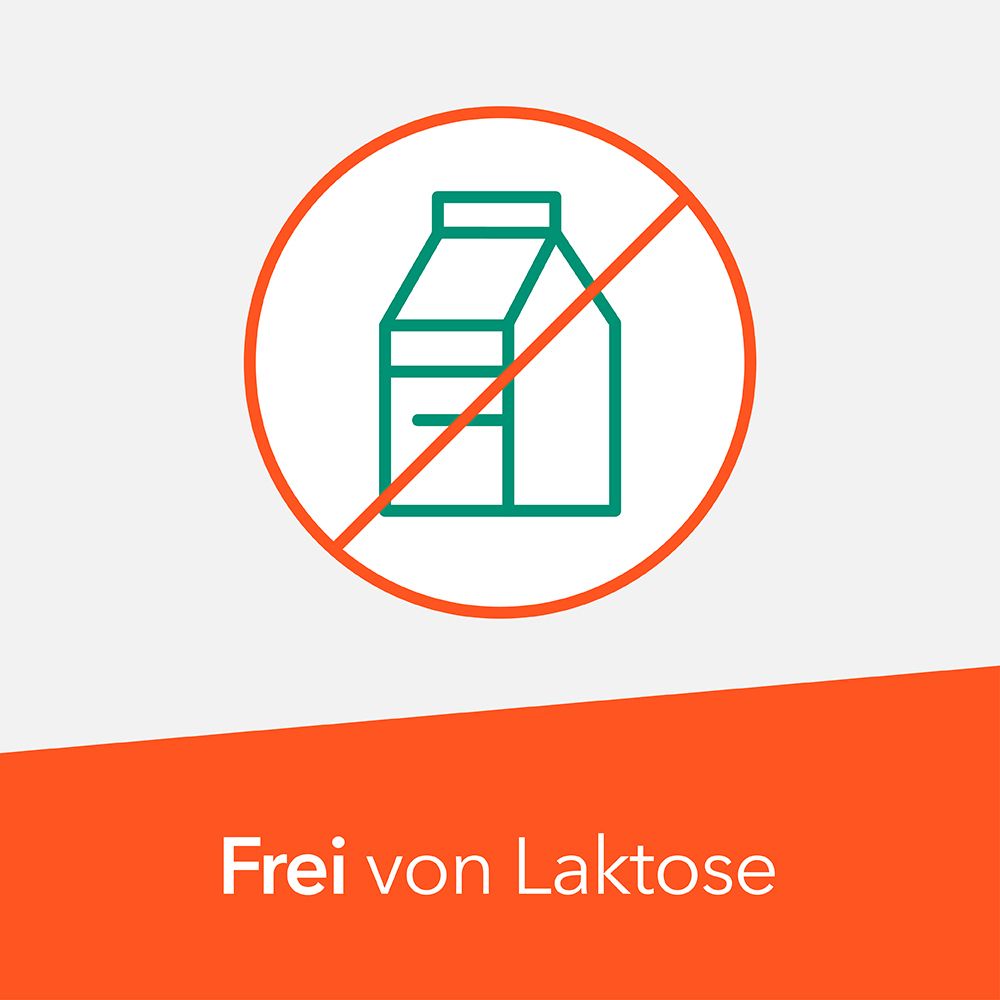 Symbol: Milchpackung mit rotem Durchstreich. Text: Frei von Laktose.