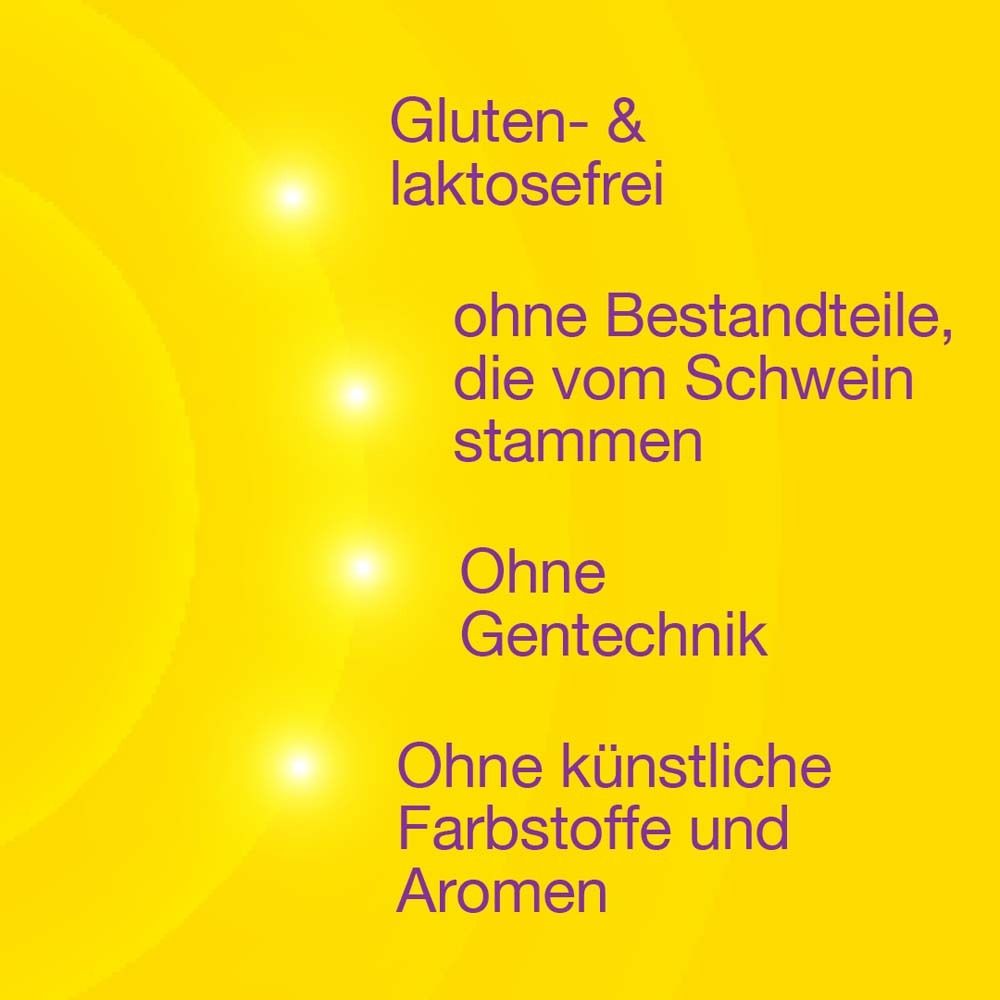 Gelber Hintergrund mit Text: Gluten- & laktosefrei. Ohne Bestandteile vom Schwein. Ohne Gentechnik. Ohne künstliche Farb- und Aromastoffe.