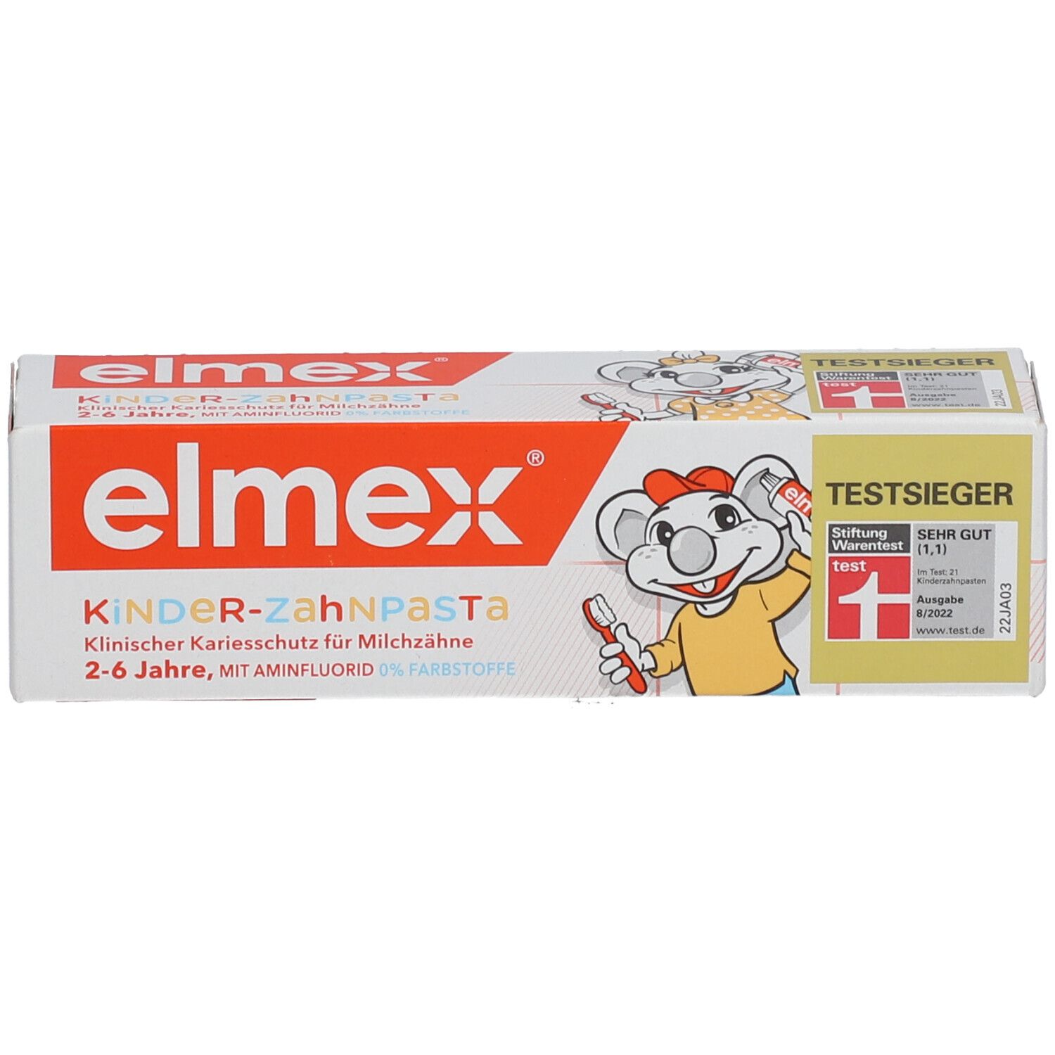 Zahnpasta-Verpackung mit "elmex"-Logo und "Kinder-Zahnpasta" Schriftzug. Enthält ein Cartoon-Maus-Maskottchen und das Testsiegel.