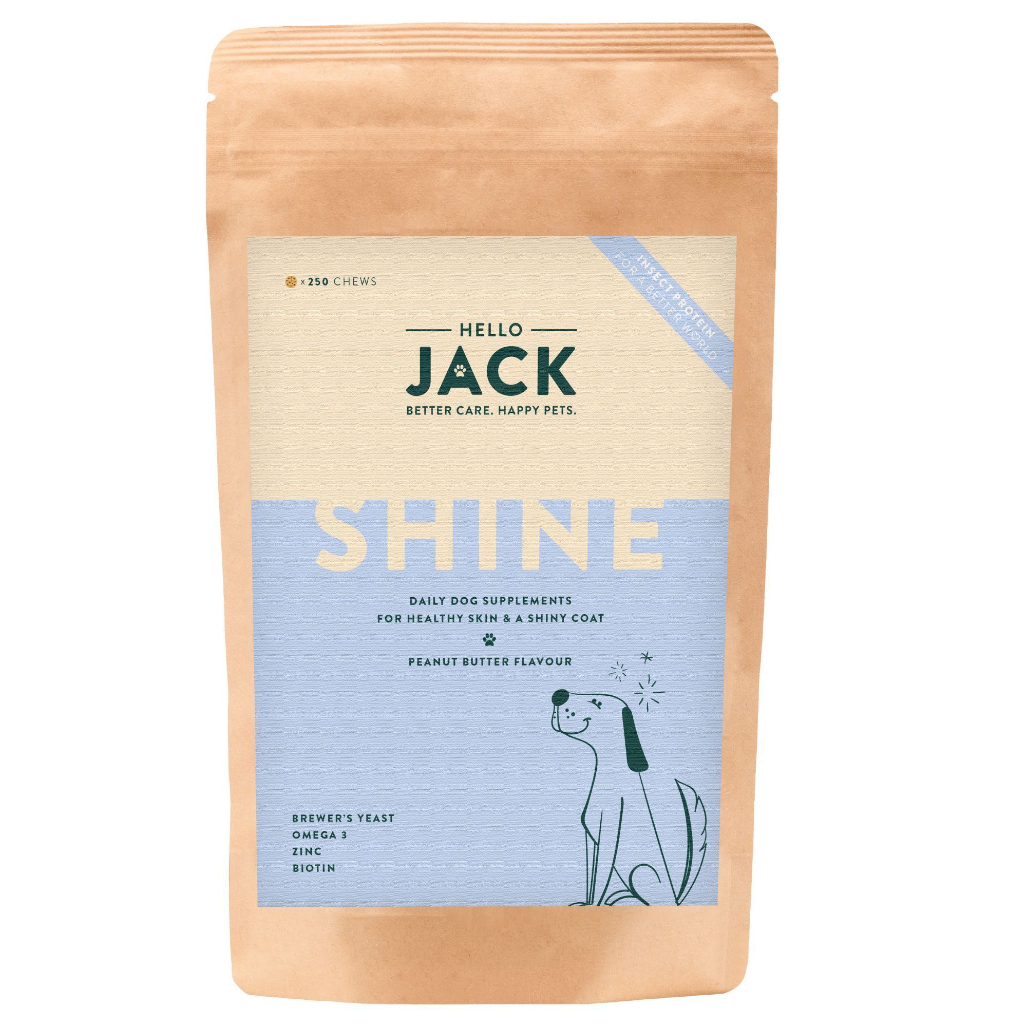Beutel mit Aufschrift "Hello Jack Shine". Blaue und beige Farben. Enthält 250 Kausnacks. Erdnussbutter-Geschmack.