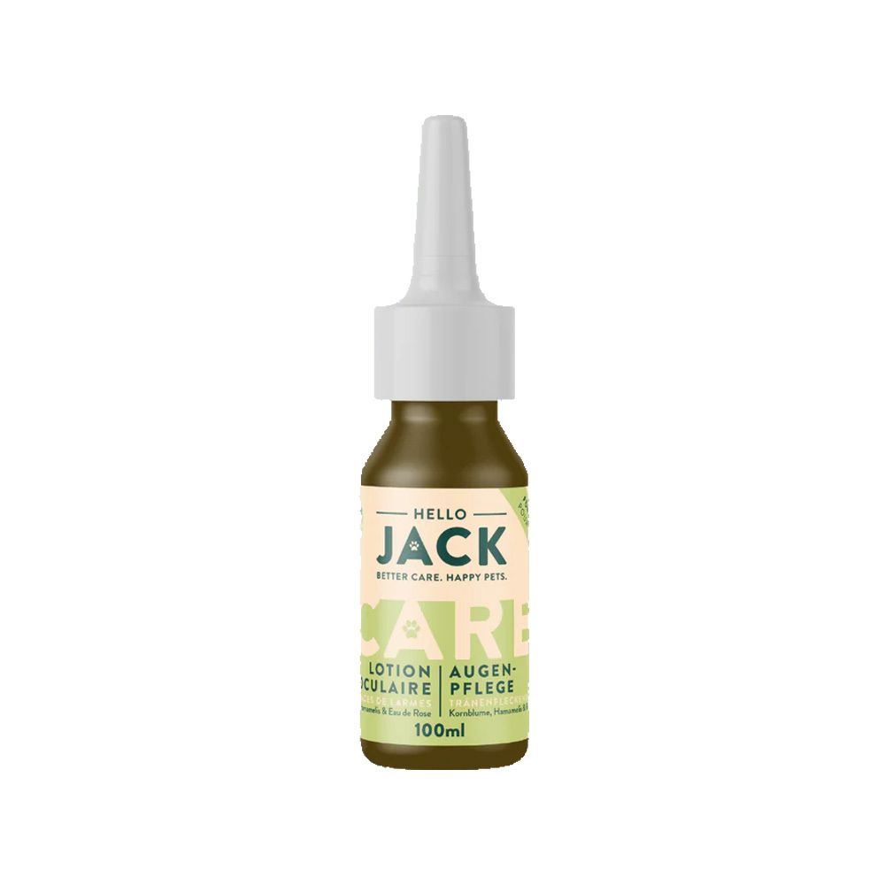 Braune Flasche mit weißem Applikator. Aufschrift: Hello Jack, Care, Augenlotion, 100ml.