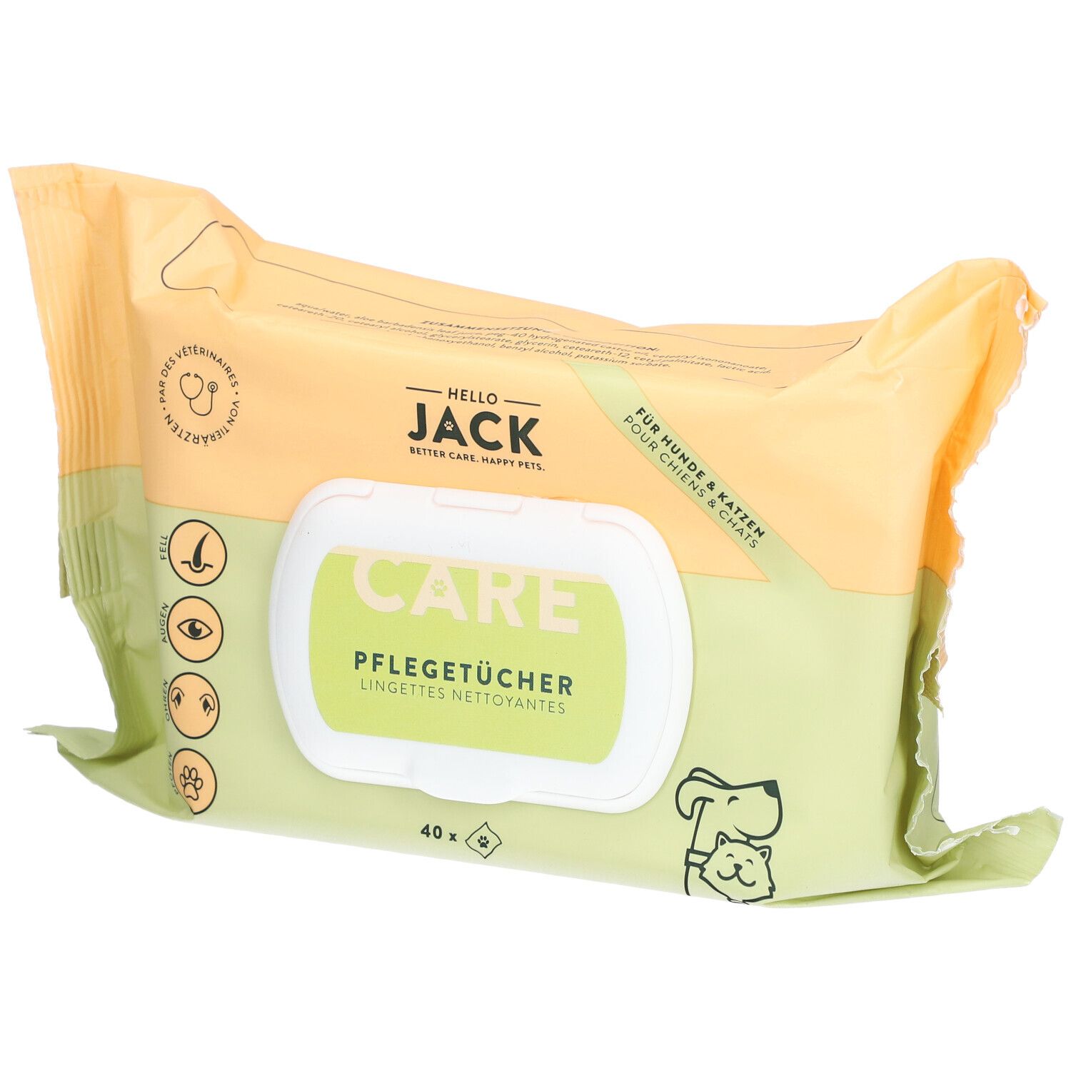 Verpackung mit Pflegetüchern für Hunde und Katzen. Grün-gelbe Verpackung mit Aufdrucken und Logo. 40 Tücher.
