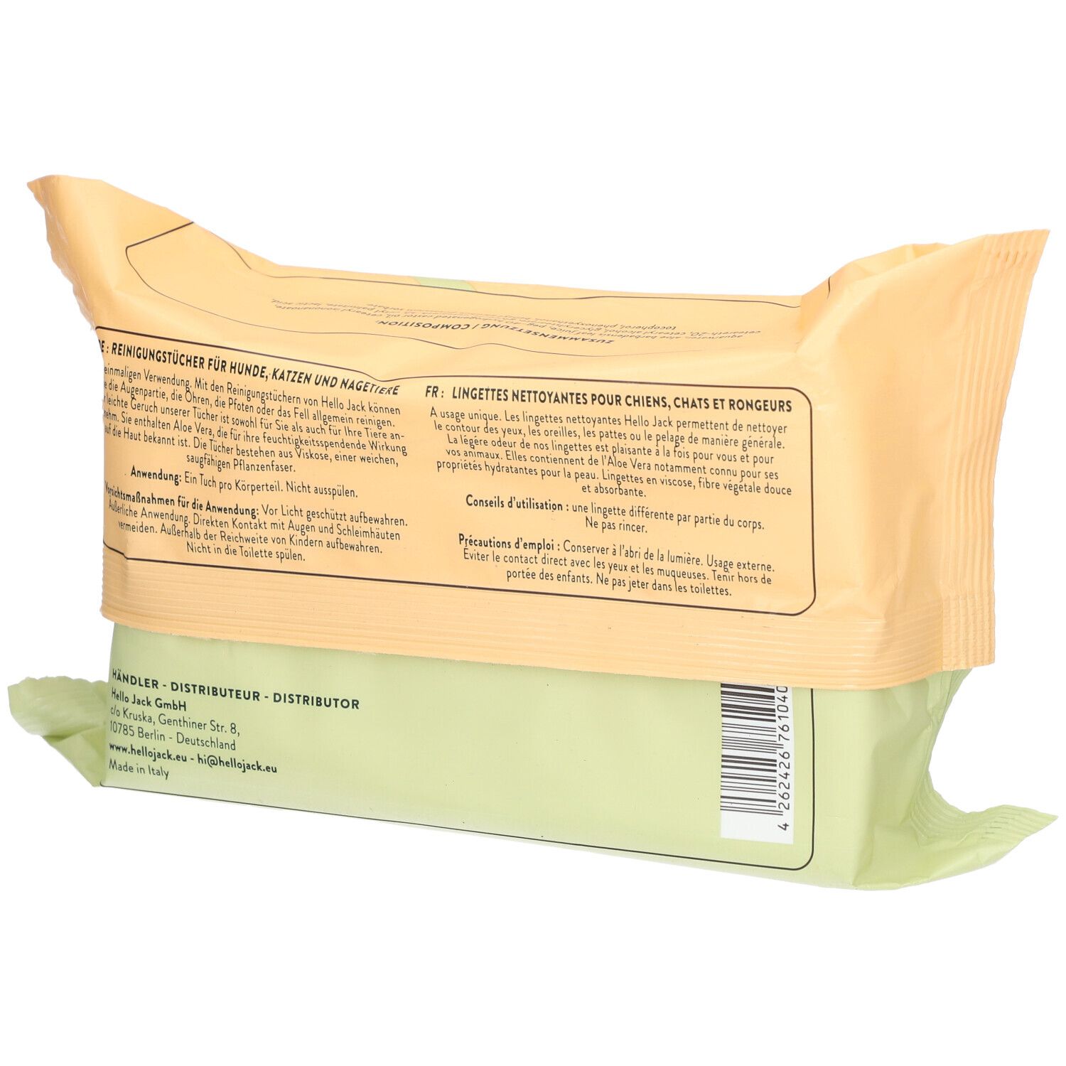 Rückseite der Verpackung mit Text. Grün-gelbe Verpackung mit Text in Deutsch und Französisch. Herstellerinformationen.